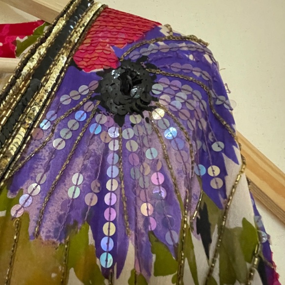 Vintage Judith Ann Creations Floral Silk Dress with Hand Sewn Sequins & Beading - Picture 5 of 13